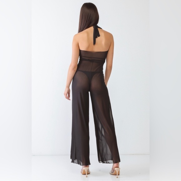New Trendy Black V-Neck Sleeveless Wide Leg Sheer Jumpsuit Cover Up Swimwear - Picture 5 of 6